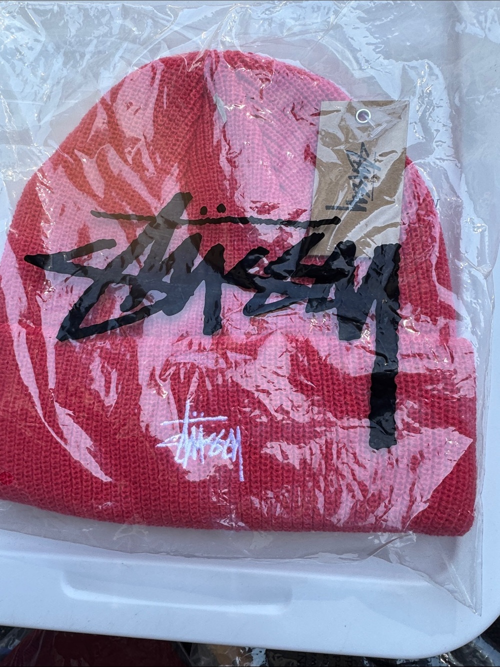 Stussy cherry  Red Knit Beanie with Signature Script